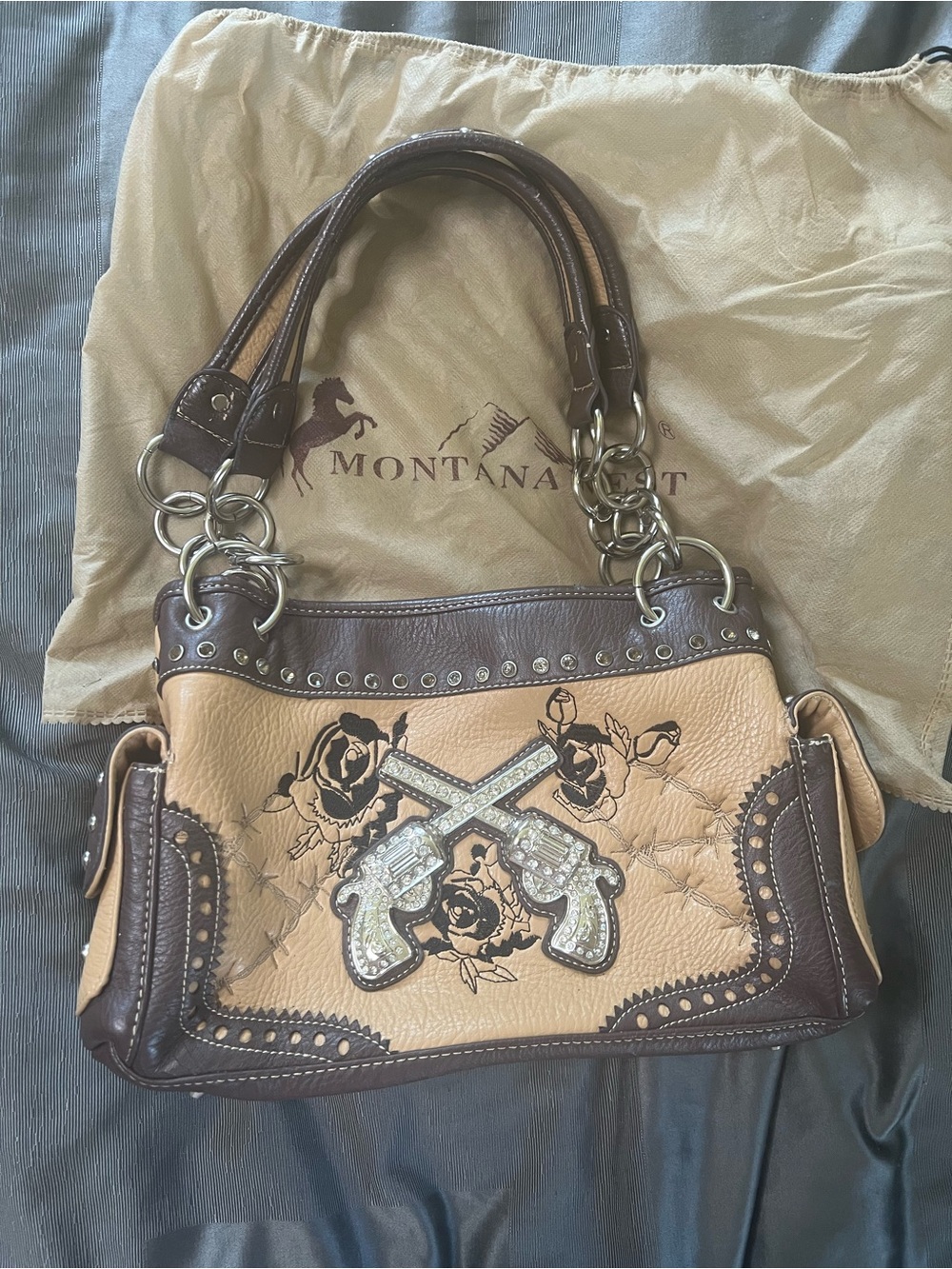 Montana West Tan and Brown Rhinestone Pistol Accent Shoulder Bag